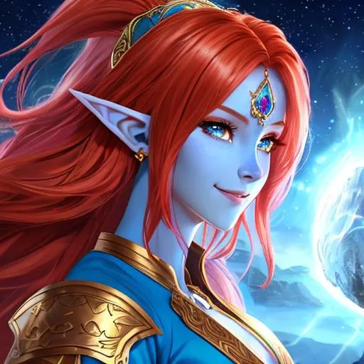 Prompt: oil painting, D&D fantasy, blue-skinned-elf girl, blue-skinned-female, slender, beautiful, short fiery red hair, wavy hair, smiling, pointed ears, looking at the viewer, cleric wearing intricate adventurer outfit, #3238, UHD, hd , 8k eyes, detailed face, big anime dreamy eyes, 8k eyes, intricate details, insanely detailed, masterpiece, cinematic lighting, 8k, complementary colors, golden ratio, octane render, volumetric lighting, unreal 5, artwork, concept art, cover, top model, light on hair colorful glamourous hyperdetailed medieval city background, intricate hyperdetailed breathtaking colorful glamorous scenic view landscape, ultra-fine details, hyper-focused, deep colors, dramatic lighting, ambient lighting god rays, flowers, garden | by sakimi chan, artgerm, wlop, pixiv, tumblr, instagram, deviantart