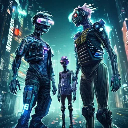 Prompt: Create an award winning Cyber Punk image of two best friends. One must be Taller with Muscles while the other Short and Skinny looking up to the taller best friend. Image must be in 8k and very detailed