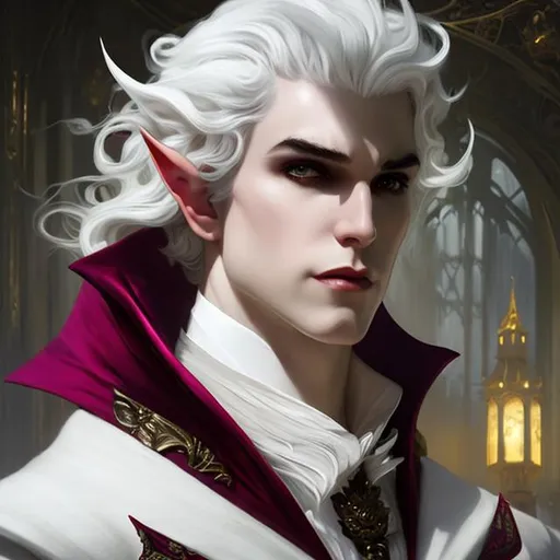 Prompt: Splash art of male vampire, elf, 30 years old, youthful, handsome, white haired man, with short wavy white hair, {WHITE eyebrows}, red eyes, suave, victorian dark clothes, purple clothes, elegant, highly detailed, intricate, smooth, sharp focus, artstation, digital painting, concept art, art by greg rutkowski, alphonse mucha and John William Waterhouse, hedonistic, decadent, sensual, dark