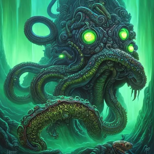 Prompt:  fantasy art style, painting, deep ocean, ancient, Mayan, Aztec, green, green lights, green neon lights, lightning, colourful, murky, H. R. Giger, waves, misty, biological mechanical, pipes, snakes, serpents, eels, tentacles, octopus, jellyfish, squid
