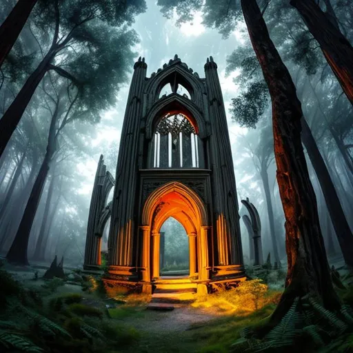 Prompt: HD, 4K, 3D, Stunning, magic, cinematic camera, two-point perspective, gothic temple ruin in the forest, no ceiling, no floor, gothic arch, ancient trees, sunstrails, magical night