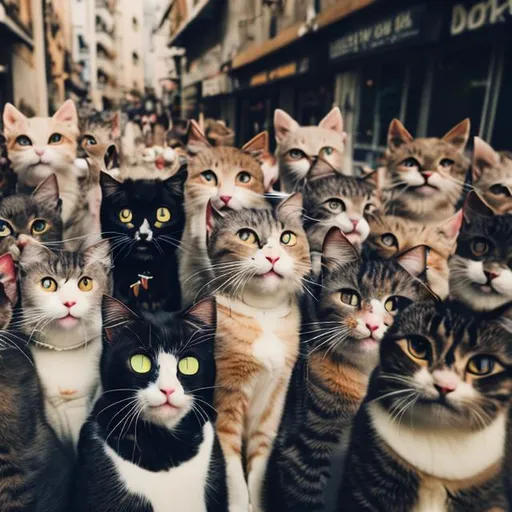 Prompt: Group of cats taking selfies wide angle and cinematic