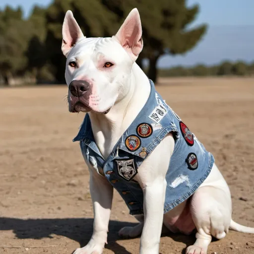 Prompt: Dogo Argentino wearing a heavy metal music denim vest with patches
