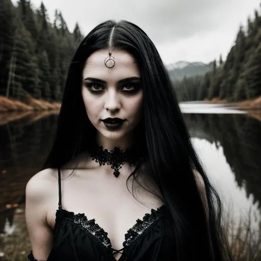 Prompt: gothic fantasy, close-up portrait, gloomy forest lake, laughing girl with a dagger in her hand, in a long black gothic dress, long hair flowing in the wind, large reflective red eyes, fierce look, well dressed, wandering lights, wind, lightning, moonlight, ominous red moon, surreal, symmetrical, intricate details, high detail, alcohol ink, Anne Stokes