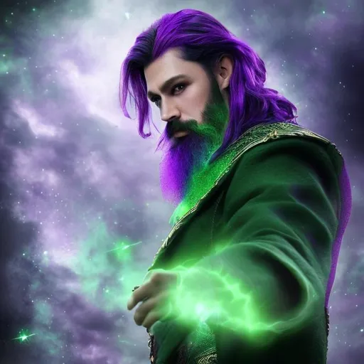Prompt: purple and green, realistic photo, magical, wizard, handsome, male