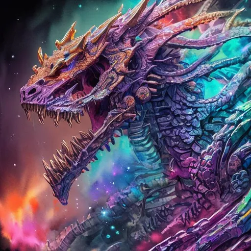 Prompt: Watercolor portrait of a roaring neon skeleton dragon roaring with and galaxy in background, perfect composition, hyper realistic, super detailed, 8k, high quality, trending on art station, sharp focus, studio photo, intricate details, highly detailed,  illustration, watercolor