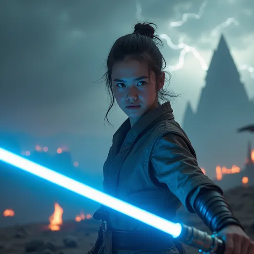 Prompt: A young woman wielding a single glowing lightsaber, poised for battle. She stands in a dynamic stance, her body slightly turned as she prepares to strike. The lightsaber emits a vibrant blue glow, illuminating her determined expression. The background features a futuristic landscape with towering structures and swirling clouds with glimpses of lightning, hinting at an impending storm. There are faint flames of torches and bonfires in the distance. The scene is bathed in dramatic lighting, with shadows contrasting against the bright lightsaber, creating an intense atmosphere. The camera angle captures her from a low perspective, emphasizing her strength and readiness for combat.