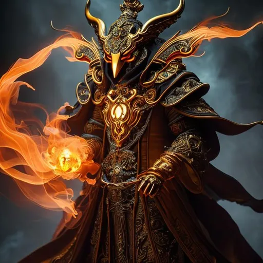 Prompt: high-quality high-detail highly-detailed breathtaking Villen ((by Aleksi Briclot and Stanley Artgerm Lau)) - ((a warlock)), hooded orange detailed fox oni warlock rich golden ornate robes casting smoke in hands, flying, smoke in feets, glowing, highly detailed vintage brass jester mask, add some orange smoke in his hands, glowing chest emblem , smooth detailed shoulder plates, detailed ivory, full body, fantasy robes,, wearing mime mask, 8k,  full form, detailed library setting, full form, epic, 8k HD, ice, sharp focus, ultra realistic clarity. Hyper realistic, realistic, close to perfection, high quality cell shaded illustration, ((full body)), dynamic pose, perfect anatomy, centered, freedom, soul, approach to perfection, cell shading, 8k , cinematic dramatic atmosphere, watercolor painting, global illumination, detailed and intricate environment, artstation, concept art, fluid and sharp focus, volumetric lighting, cinematic lighting.