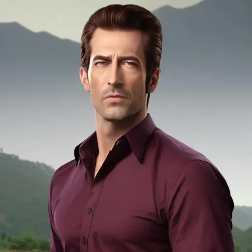 Prompt: portrait of a handsome man, with green eyes, wearing maroon shirt, blue dress pant with maroon checks, first button of shirt is open, black dress shoes, Standing on a road and there are mountain behind him, smoking cigarette, add a signature name "Nadish" at right bottom of the picture, HD image with realistic effect