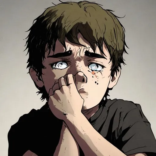 Prompt: A boy distraught with fear and anxiety upon the realization that he will one day die.