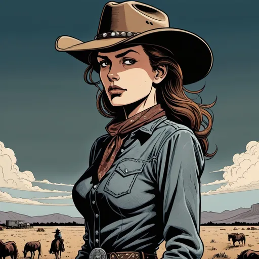 Prompt: Woman cowboy, landfields, detailed, dark colors, dramatic, graphic novel illustration,  2d shaded retro comic book