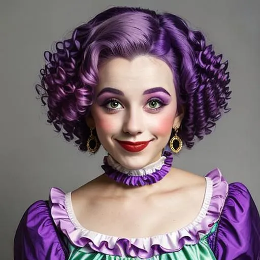 Prompt: A pretty female clown wearing purple, short , curly purple hair