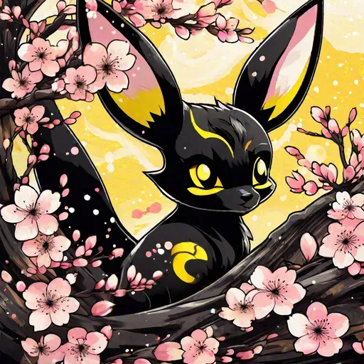 Prompt: in Japanese ink art style, umbreon, black and yellow colors, big emotional eyes, cherry blossom background, highly detailed, concept art, best quality, masterpiece 