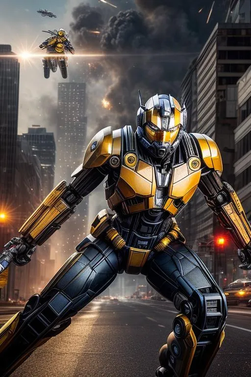 Prompt: A realistic face portrait of Bumblebee from Transformers. The subject is running in robot form through a city, with police cars in pursuit. The image features a dynamic, action-packed scene with explosions and debris. The artwork is digitally created and is in the style of Japanese anime.