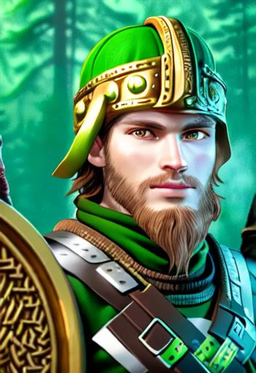 Prompt: Digital art, a 21-year-old viking man with brown hair, viking forest, gold valkyrie helmet, green gear, silver armor, light green eyes, Tidal Class seal on chest armor, unreal engine 8k octane, 3d lighting.