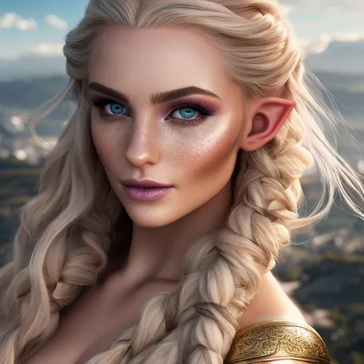 Prompt: hyper-realistic, 8k Ultra-realistic female elf, light blonde hair, real female model, Divine Cleric, dungeons and dragons cleric class, green eyes, light tan, natural complexion, real hair, long hair, braids in hair, light freckles on cheeks, natural makeup, leather armour, revealing armour, an elven city in the background, divine magic, beautiful face, angelic magic, flowers in hair, silver in hair, gold in hair, elven female, fantasy, elf ears, natural appearance, magic in hands, natural skin tone, healthy skin, 8K resolution, UHD, Ultra realistic, natural lighting, cinema lighting, super fine detail, high quality, fine-tune, hair jewellery, realistic, ultra-high resolution, composition, focused, upscale image.