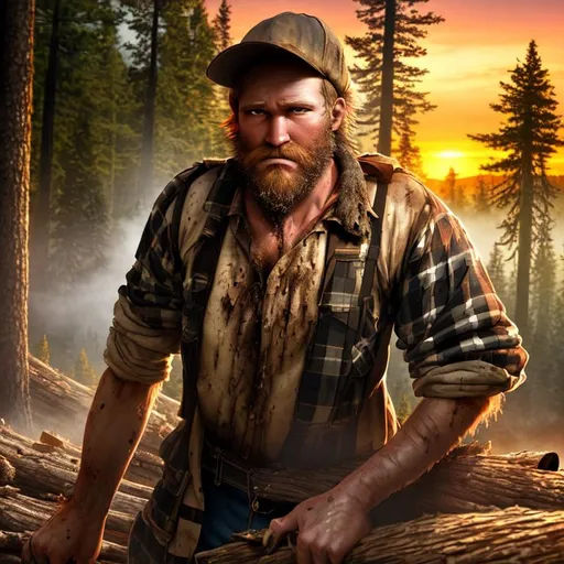 Prompt: Epic Splendid Grand 3D HD Majestic Exhausted, filthy, dusty {Man}Lumberjack, sunset, hyper realistic, 4K expansive forest background --s99500