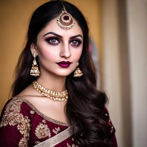 Prompt: Large bright shadow eyes, full burgundy lips, perfectly round face, Deep dimple in chin, a mole an inch below the left eye and an inch to the left of the nose, dark hair, broad w shape forehead, salty face, the face of a Rajput princess,