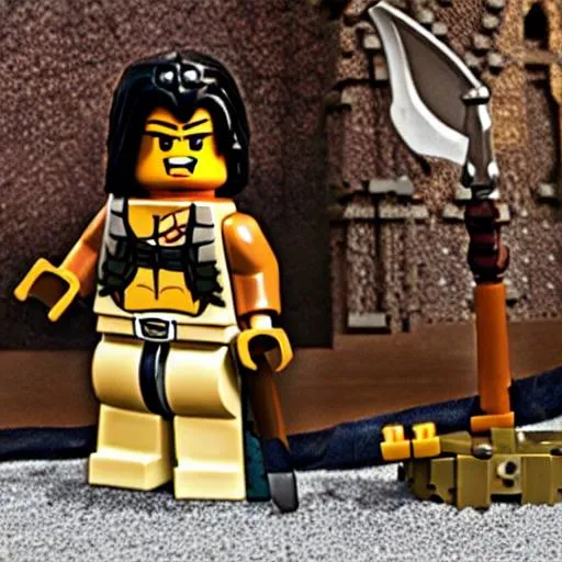 Prompt: Conan the Barbarian born on the battlefield presented in Lego