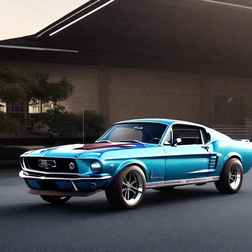 Prompt: UHD photorealistic rendering 1968 ford mustang gt with shaker hood