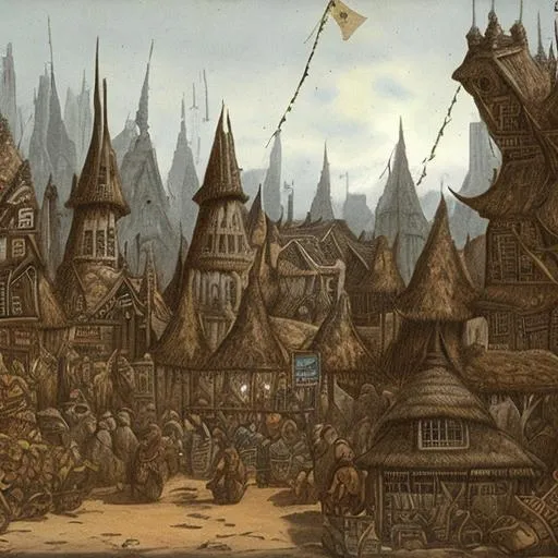 Prompt: fantasy orcish city made of sturdy walls made of stone and wood; simple houses with thatched roofs; docks crowded with boats; markets filled with goods; large defensive works. seen from a distance.