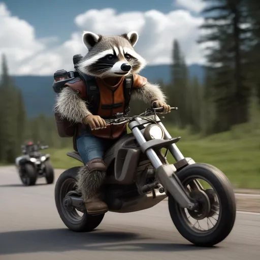 Prompt: A humanoid Racoon riding a bigtrail motorcycle. realistic photography