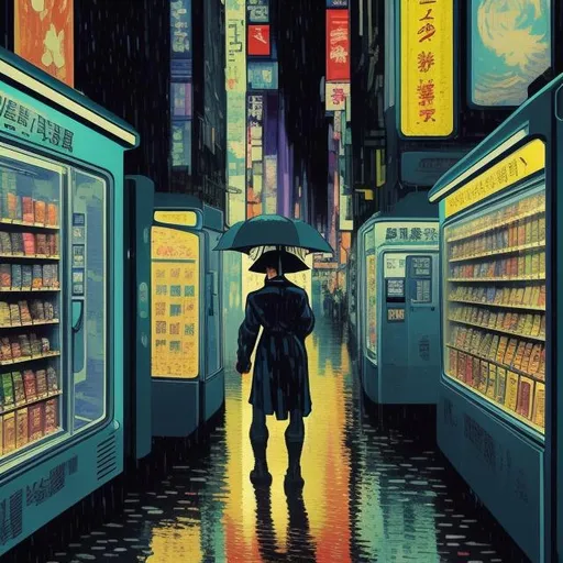 Prompt: Concept art. Painted style. van gogh. Vending machines in the future. rainy day in tokyo. wider shot. Person with umbrella sitting on chair in front of vending machine. Comic art. Jack Kirby Style. Raining. High detail. Early morning. dark mood. Full colour. photo-realistic. More colour. accurate body proportions. blade runner. cops. futuristic cars. 