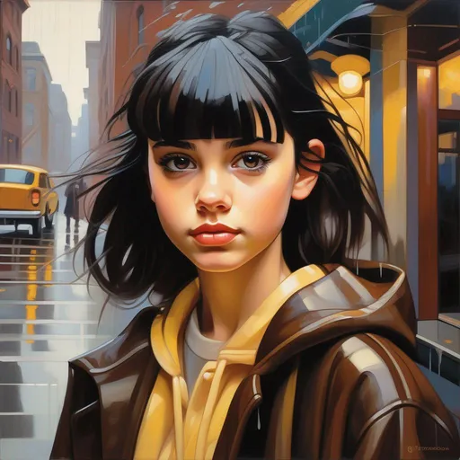 Prompt: Facial portrait of a 13 years old girl, pale yellow-ish skin, black hair, bangs, dark brown eyes, wet, rain, urban setting, stylized font, cartoony style, extremely detailed painting by Greg Rutkowski and by Henry Justice Ford and by Steve Henderson
