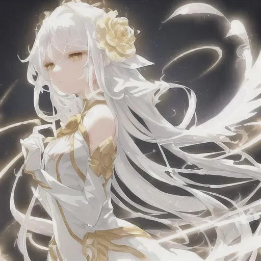 Prompt: a cute girl with white hair, and lights on her body which is gold. with white angel like wings, and golden white clothing which is fancy. in a flower garden. a golden aura around her, and fluffy hair. with a fancy and glorious weapon in her hand.