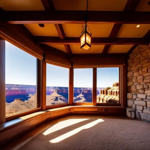 Prompt: an isolated castle in the middle of the Grand Canyon {big windows}. peaceful and modern, cozy, minimalistic, natural lighting, bright, beautiful, fairy tale