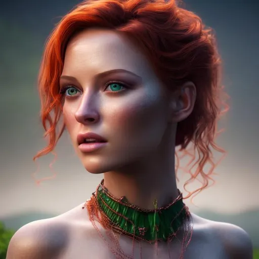 Prompt: HD 4k 3D professional modeling photo hyper realistic beautiful enchanting woman orphan copper hair fair skin blue eyes gorgeous face green dress pirate cave with treasure louisiana swamp diamonds and gems magical landscape hd background ethereal mystical mysterious beauty 