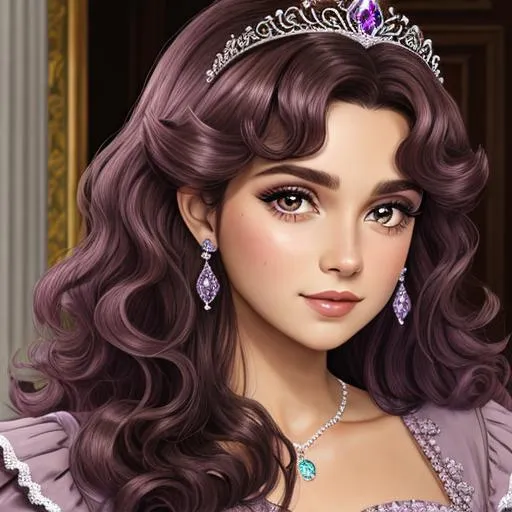 Prompt:  princess wearing mauve, dark curly hair, wearing a fancy tiara facial closeup