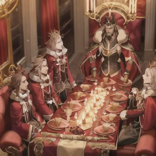 Prompt: king in a red coat, mink fur lined, pointy bejeweled crown, brown hair, goatee, medals on shirt, black cloths, sitting at the far end of a long table that has a red cloth running down the middle with candles and food, plates and silverware line the sides in front of chairs, with nobles sitting and conversing, at the long table