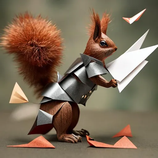 Prompt: an Army of Ninja Squirrels in armor with paper airplanes in backround in Natural japanese Landscape