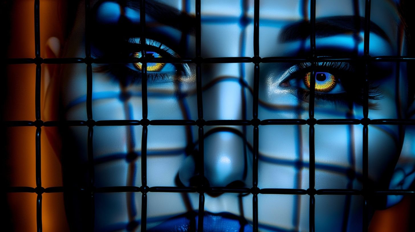 Prompt: her face is against a curtain of black bars, in the style of airbrush art, light bronze and dark blue, neon grids, made of glass, taras loboda, timeless beauty, symmetrical grid --ar 16:9 --style raw --sref https://s.mj.run/Pjxm9rAR7Po --cref https://s.mj.run/Pjxm9rAR7Po --stylize 50