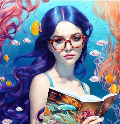 Prompt: A beautiful mermaid, gradient hair, under the sea, with a perfect tail, using glasses and reading a book. There are fishes and other marine life around her. Art by Martine Johanna, artgerm, James jean and Daniel Gerhartz. Best quality, super clear resolution