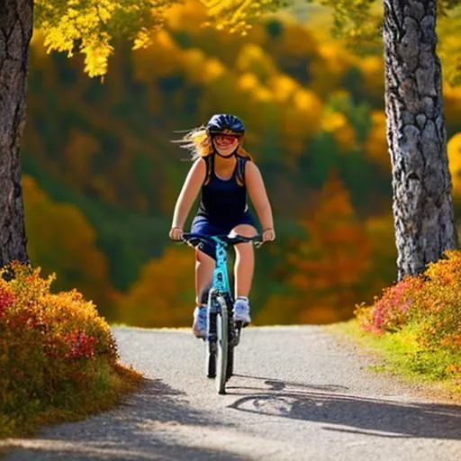 Prompt: ((Masterpiece, best quality, photo realistic)), Create an image of a very energetic 17-year-old girl cycling along a mountain trail with vibrant autumn foliage, feeling the refreshing breeze.