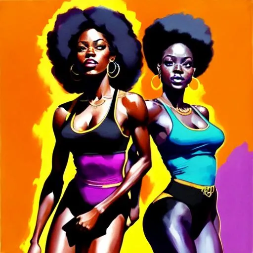 Prompt: black women dancing ecstaticly, 1970s style, album cover