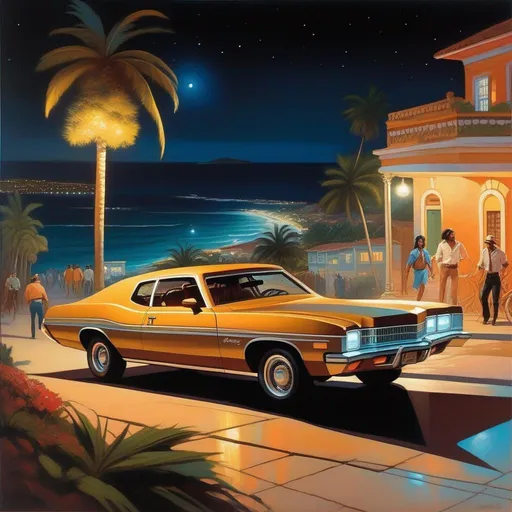 Prompt: 1970s, San Juan at night, car chase, warm atmosphere, cartoony style, extremely detailed painting by Greg Rutkowski and by Henry Justice Ford and by Steve Henderson