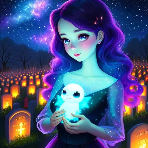 Prompt: Cute Pixar style painting, an adorable spirit woman, graveyard, midnight, see-through skin,  floating, nebula, galaxy, stars, fireflies, glowing eyes, glowing, Graves, cemetery