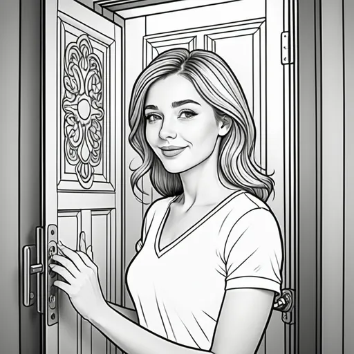 Prompt: generate colouring book for adults, cartoon style, thick lines, low detail, no shading, -- ar 9:11 upbeat vibe, high quality, printable, stress-relief, relaxing activity, confidently, The lady is closing a door
