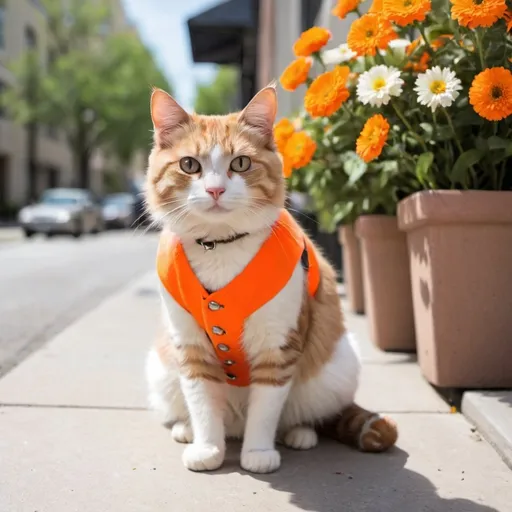 Prompt: A cat with a little orange vest on a sidewalk near some flowers