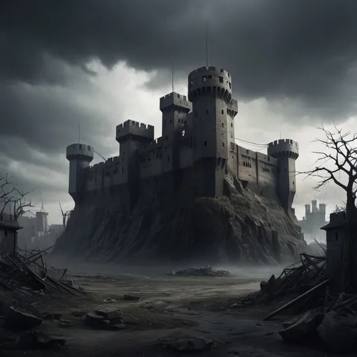Prompt: Empty fortress surrounded by dystopia.