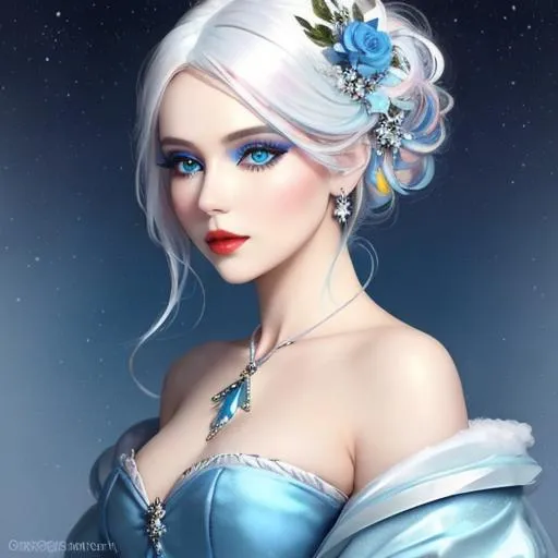 Prompt: A beautiful woman, snow white hair with pastel highlights, frosty blue eyes, blue eyeshadow, blue jewels on forehead