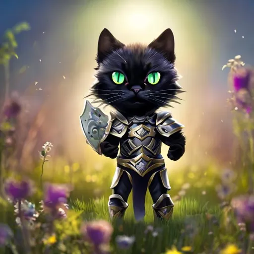 Prompt: Chibi realistic black cat with green eyes in paladin armor playing in a wildflower field, dramatic lighting