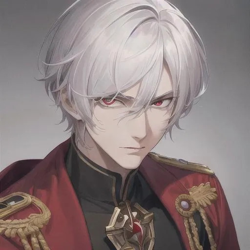 Prompt: "A close-up photo of a handsome prince with short hair, white hair, red eyes, wearing a kings robe, in hyperrealistic detail, with a slight hint of disgust in his eyes. His face is the center of attention, with a sense of allure and mystery that draws the viewer in, but his eyes are also slightly downcast, as if a sense of disgust is lingering in his thoughts. The detailing of his face is stunning, with every pore, freckle, and line rendered in vivid detail, but the image also captures the subtle emotions of disgust that might lie beneath his surface."