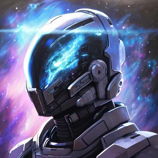 Prompt: portrait of futuristic space fighter, mass effect inspired, galaxy in the background, energy helmet , oil painting, 