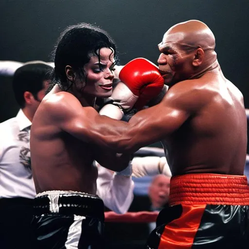 Prompt: Michael Jackson fighting Mike Tyson, in boxing ring
