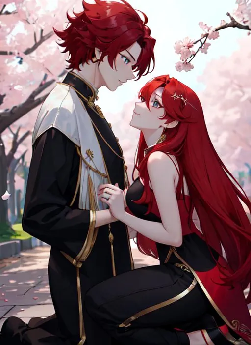 Prompt: Zerif 1male (Red side-swept hair covering his right eye) asking Haley to marry him, 8K, UHD, best quality, under the cherryblossom trees, wearing a casual outfit, red hair, on one knee proposing, holding an open ring box in his hand