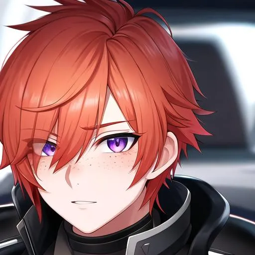 Prompt: Erikku male (short ginger hair, freckles, right eye blue left eye purple) UHD, 8K, Highly detailed, insane detail, best quality, high quality, Upset, muscular, riding a motorcycle